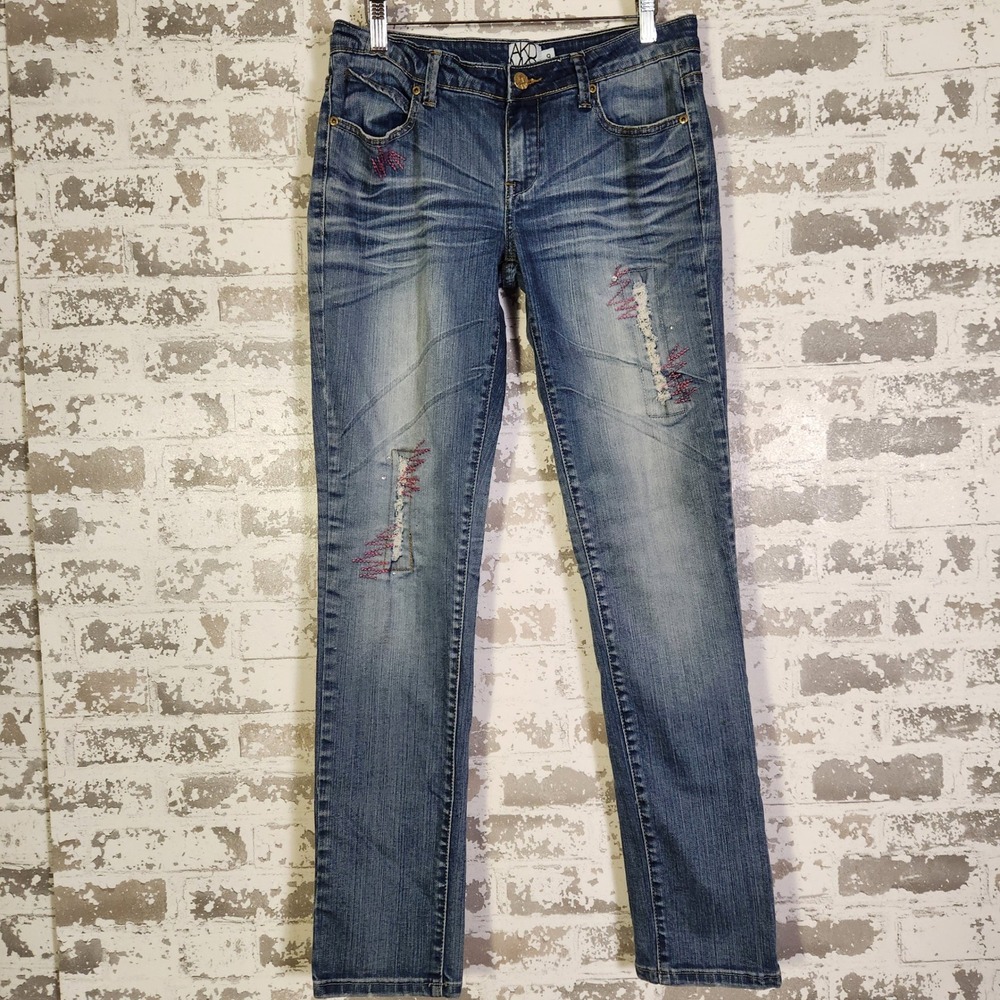 AKDS Women Jeans 9 Blue Distressed Rhinestone‎ Embroidered Embellished Pocket